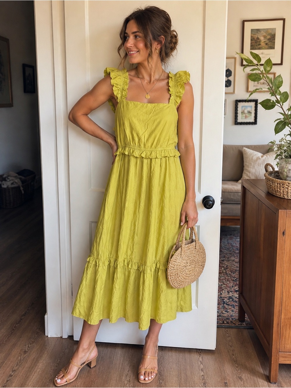 NWT Blu Pepper Ruffle Strap Midi Dress in Chartreuse
